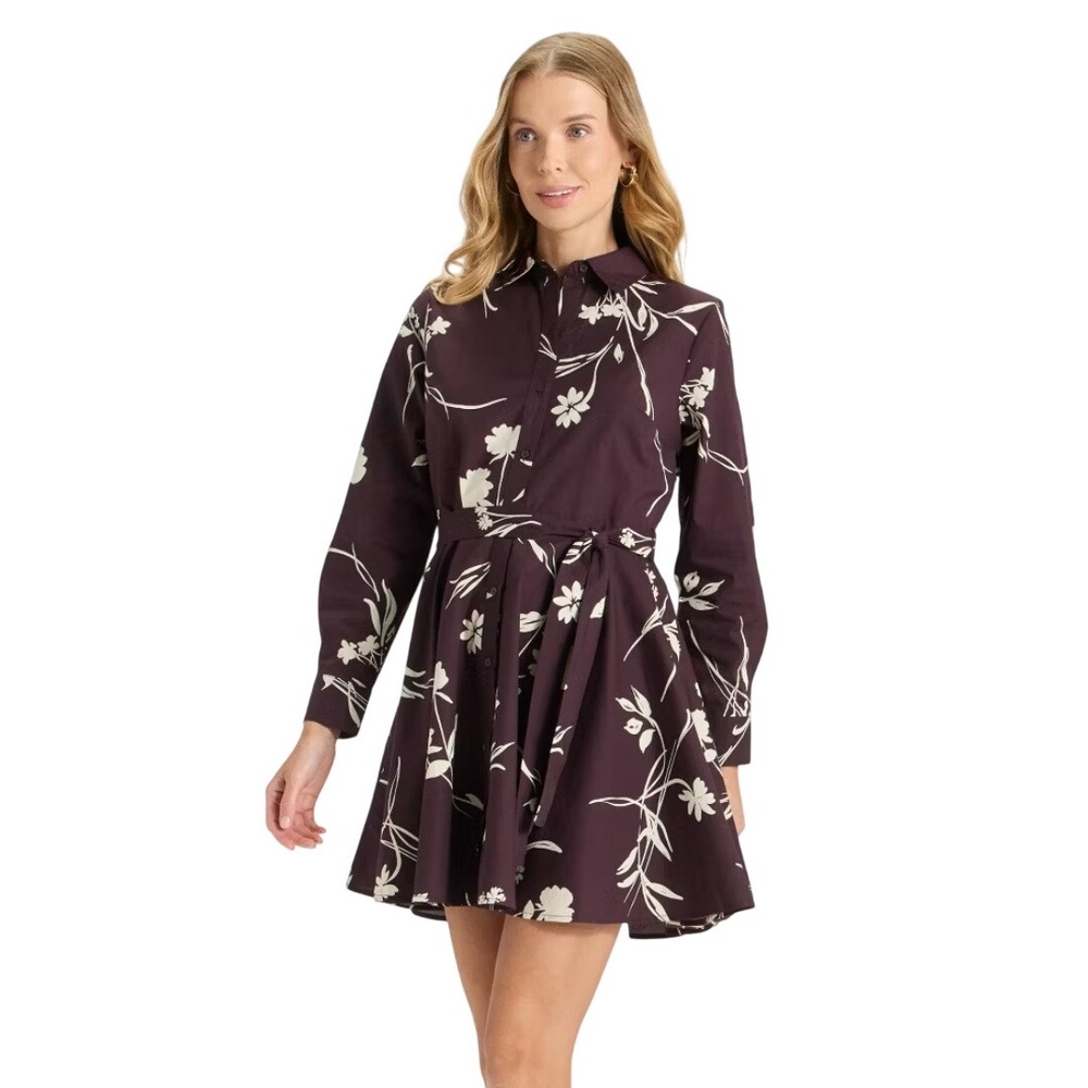 A New Day Women's Purple Floral Long Sleeve Button Down Shirt Dress Size XS